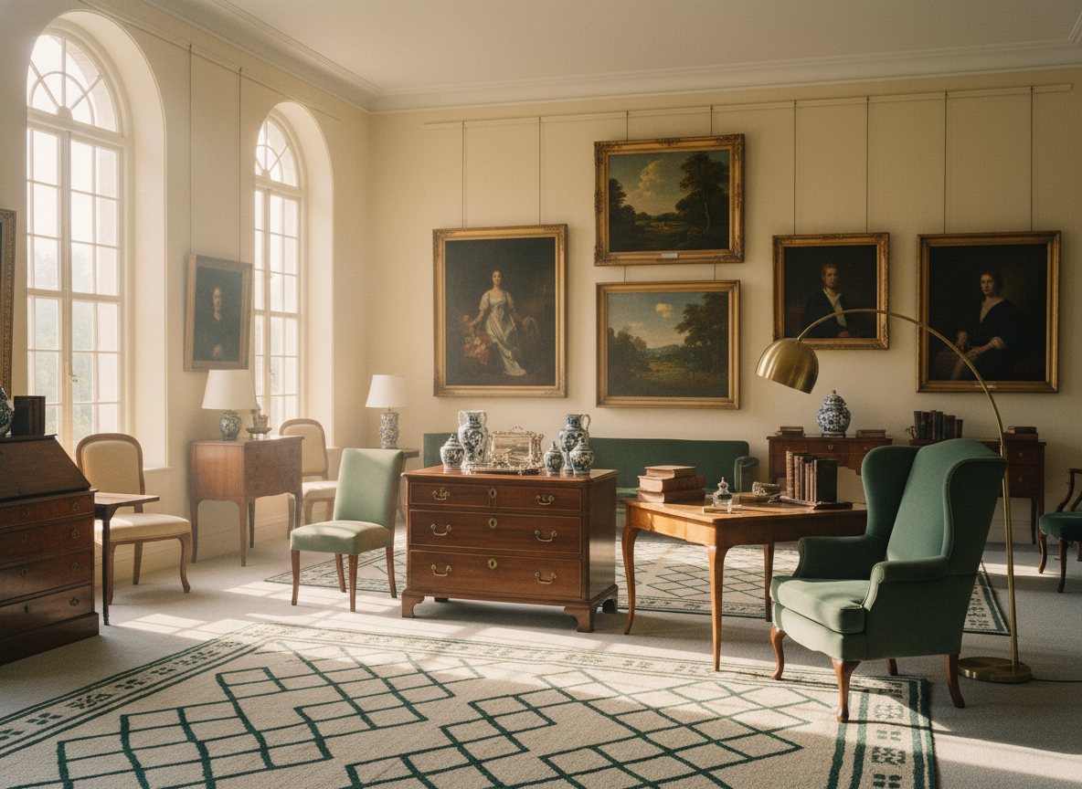 Antique and vintage furniture arranged in a sunlit room for an estate sale.