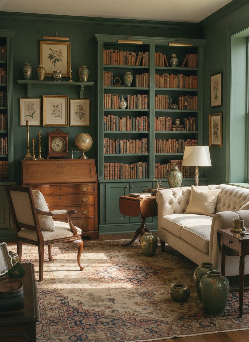 A warmly lit living room professionally staged for an estate sale with vintage furniture and curated décor.